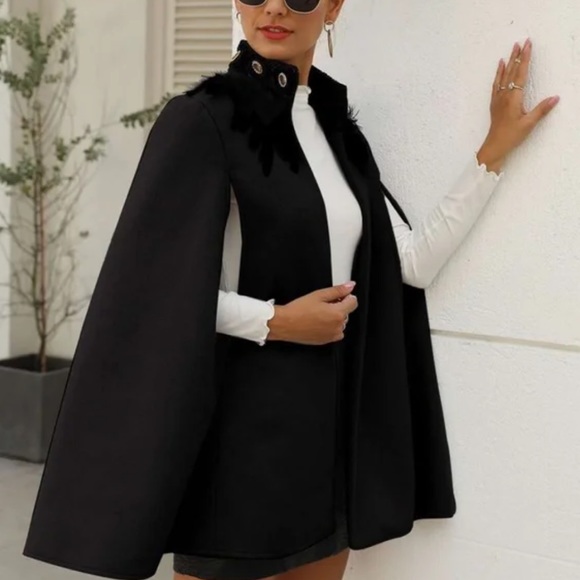 Classic gray Open Front Feather Trim Cape Jacket - Picture 6 of 11